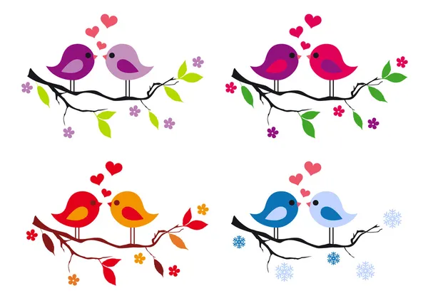 Pájaros lindos con corazones rojos en el árbol, vector conjunto — Archivo Imágenes Vectoriales