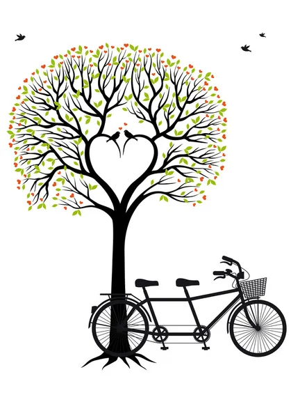 Árbol del corazón con aves y bicicleta, vector — Archivo Imágenes Vectoriales