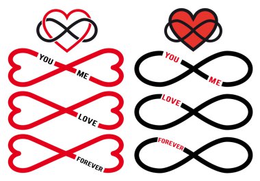never ending love, red infinity hearts, vector set clipart