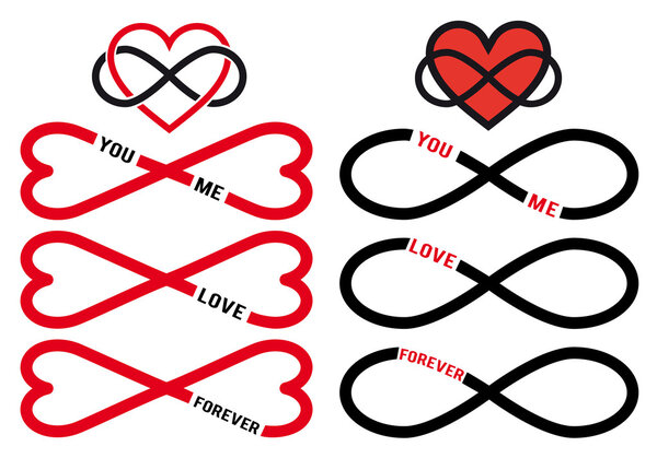 never ending love, red infinity hearts, vector set