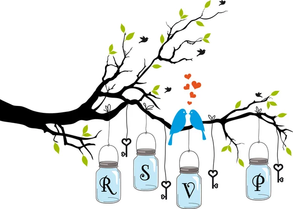 Invitación de boda, pájaros en el árbol con frascos, vector — Vector de stock