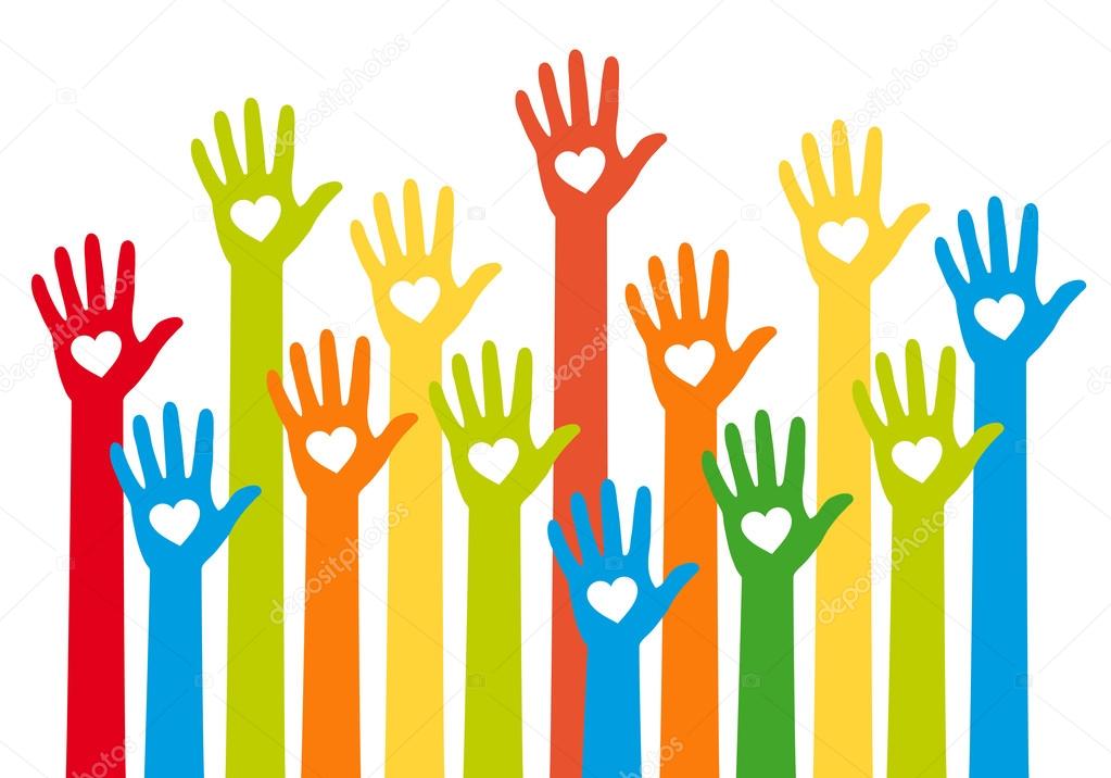 Teamwork concept, colorful hands with heart, vector illustration