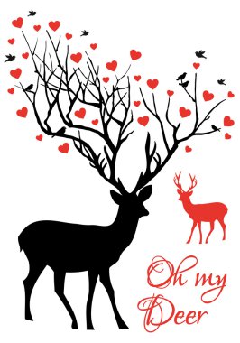 Deer couple with red hearts, vector clipart