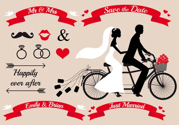 Couple de mariage sur vélo tandem, ensemble vectoriel — Image vectorielle