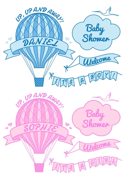 Nieuwe babyjongen en meisje met hete luchtballon, vector — Stockvector