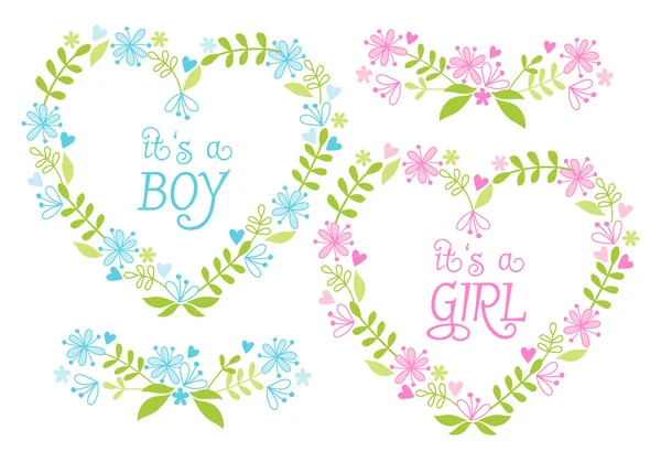Baby boy and girl, floral hearts, vector — Stock Vector