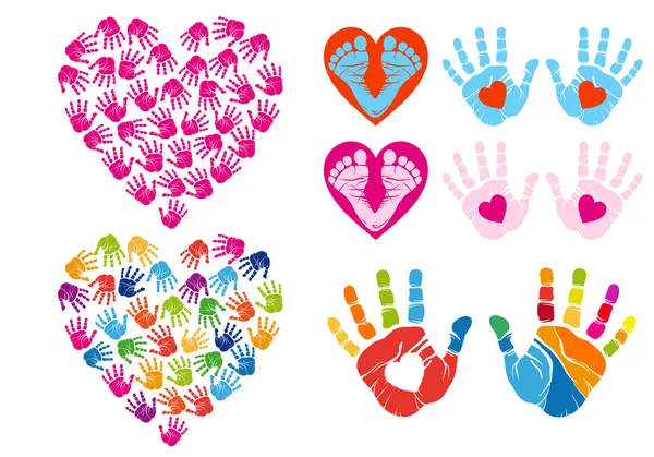 Hand print hearts, vector set — Stock Vector