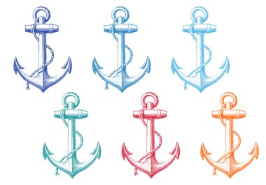 vintage anchor with rope, vector set clipart