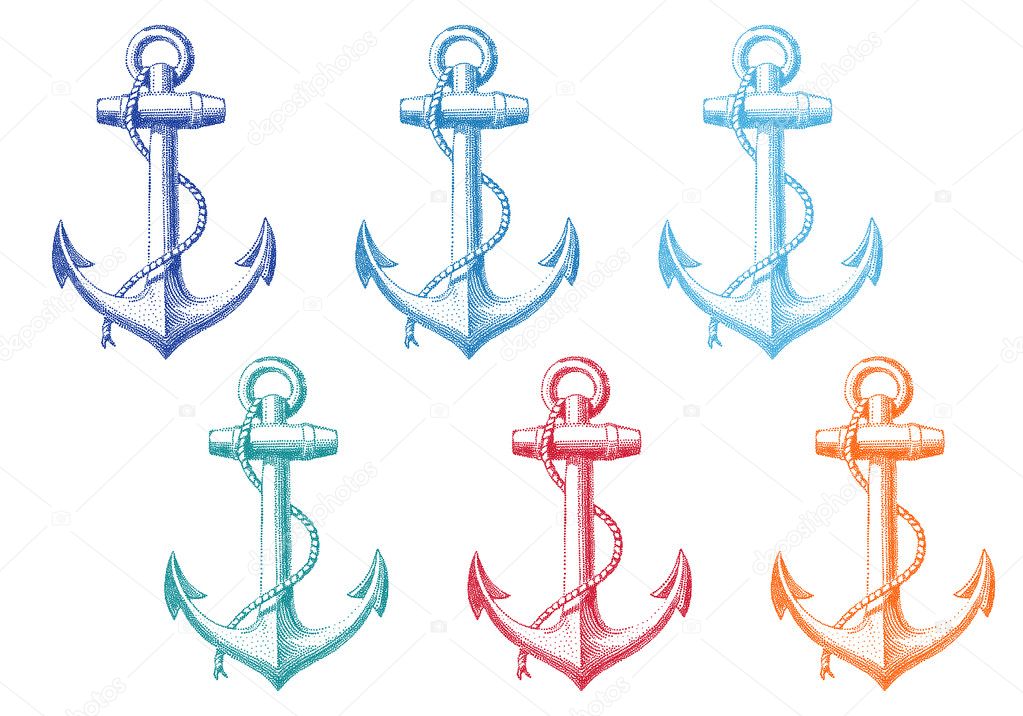 vintage anchor with rope, vector set