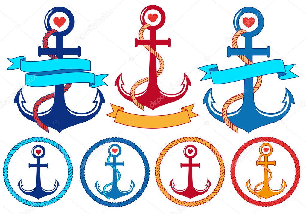 anchors with ribbons and frames, vector set