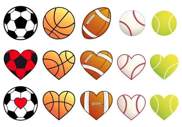 Спортивные мячи и сердца, векторный набор — стоковый вектор