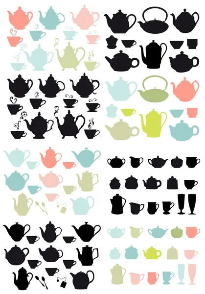 Coffee and tea pots and mugs, vector — Stock Vector