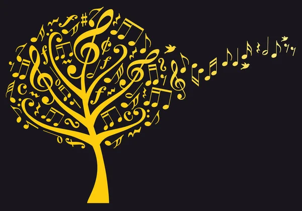 Gold Music Tree Flying Musical Notes Vector Illustration Black Background — Stock Vector