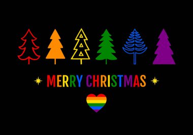 Gökkuşağı Noel ağaçları, LGBT gururu, gay, LGBTQ, kalp sembolü, vektör noel kartı