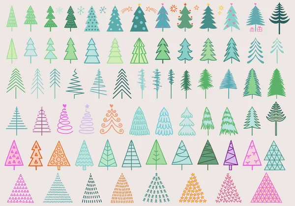 Coloridos Árboles Navidad Dibujados Mano Para Tarjetas Felicitación Simples Modernas — Vector de stock