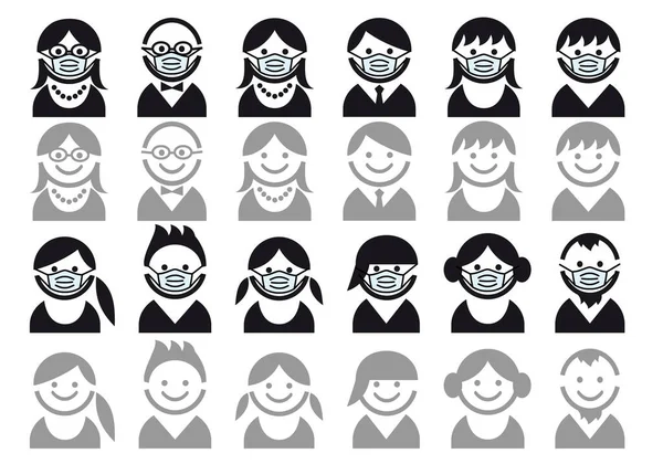 Avatary Maską Medyczną Ikonami Użytkownika Ludźmi Uśmiechniętymi Twarzami Zestawem Wektorów — Wektor stockowy