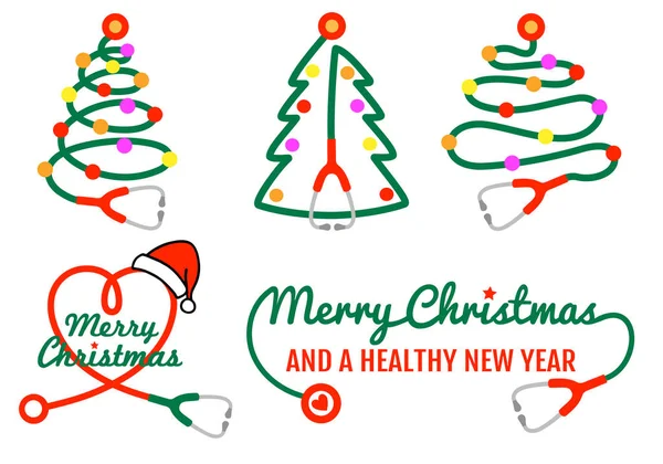 Cartão Natal Com Estetoscópio Árvore Coração Ano Novo Saudável Para —  Vetores de Stock