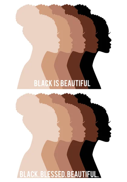 African Woman Black Beauty Women Color Profile Silhouettes Different Skin —  Vetores de Stock