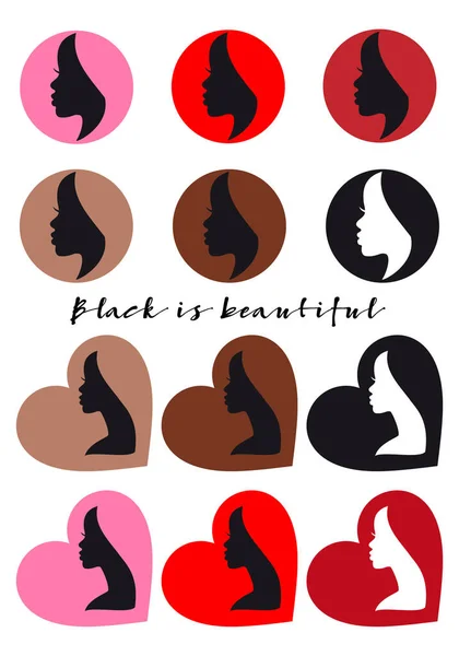 Black Beauty African Women Avatars Profile Silhouettes Heart Dot Shapes — Vector de stock