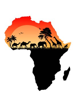 Africa map with wild animals silhouettes, trees and sun, vector illustration over white background