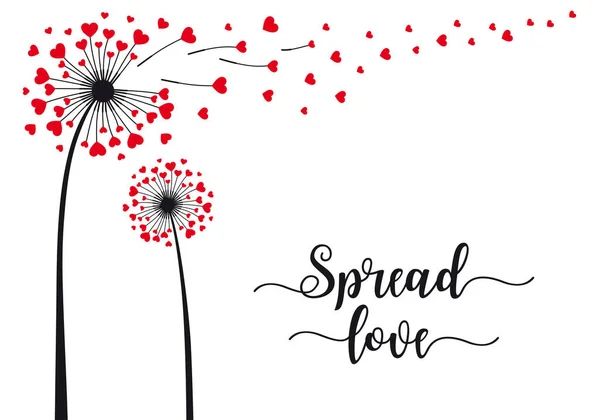 Spread Love Dandelion Flower Flying Red Hearts Vector Illustration Valentine — стоковый вектор