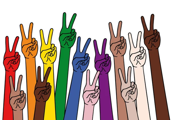 Mensenhanden Met Vredesteken Overwinningssymbool Diversiteitsconcept Regenboogkleuren Lgbt Vectorillustratie Rechtenvrije Stockvectors