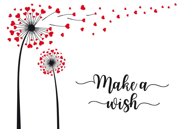 Dandelion Flower Flying Red Hearts Make Wish Vector Illustration Rechtenvrije Stockillustraties