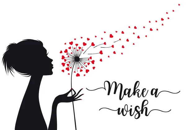 Make Wish Woman Holding Dandelion Flower Flying Hearts Vector Illustration Stok Illüstrasyon