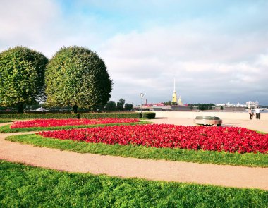 St. Petersburg, Rusya, Arkaplan olarak Borsa Meydanı, çimenler, ağaçlar, Peter ve Paul kalesinin yaz manzarası 