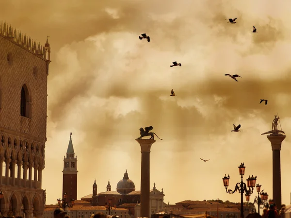 サン マルコ広場劇的な雲やヴェネツィア、イタリアで鳥 — ストック写真