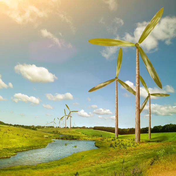 Концепция зеленой энергии - природные ветрогенераторы летом — стоковое фото
