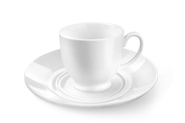 Witte thee of koffiekopje met schotel geïsoleerd op wit — Stockfoto