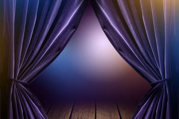 Violet curtains in theater with dramatic light — Stock Photo, Image