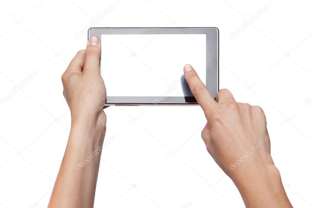 hands holding and touching tablet isolated on white