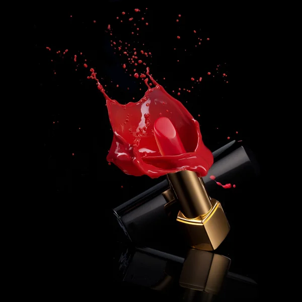 Red lipstick with splash of paint isolated on black — Stock Photo, Image