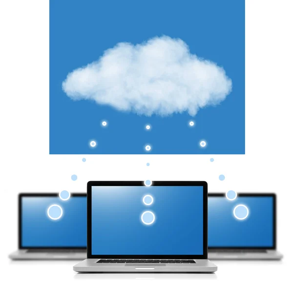 Cloud computing network concept. Notebooks linked with cloud iso — Stock Photo, Image