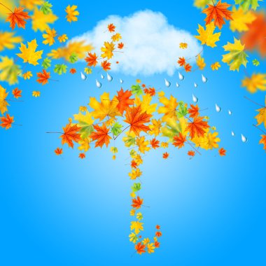 umbrella from autumn leaves under cloud and rain clipart