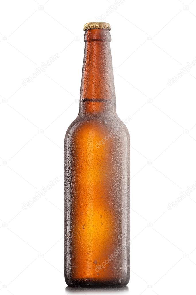 Beer bottle with water drops and frost isolated on white
