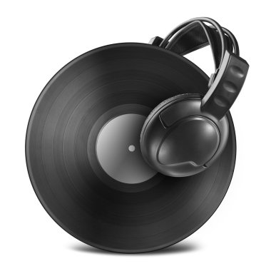 siyah vinil plak disk üzerinde beyaz izole kulaklık ile