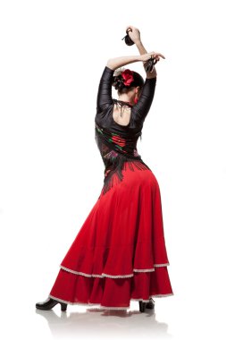 young woman dancing flamenco with castanets isolated on white clipart