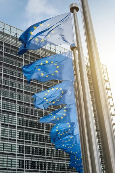 Vlaggen van de Europese Unie tegenover het berlaymont gebouw (Europa — Stockfoto