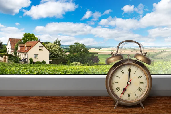 Vista da casa na paisagem da vinha de verão da janela com alar — Fotografia de Stock