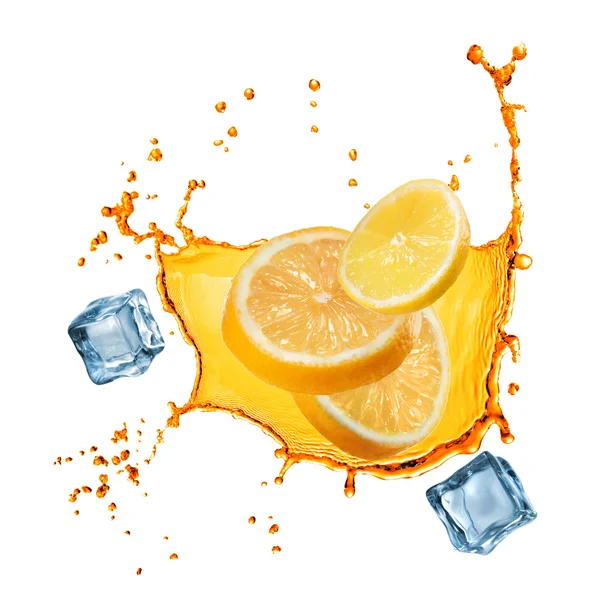 Flying slices of orange and lemon in juice splash isolated on wh — Stock Photo, Image