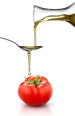 kırmızı domates ve dökülen petrol üzerinde beyaz izole