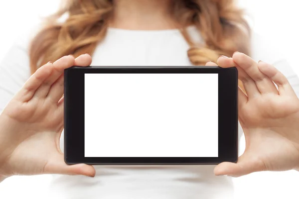 Vrouw houd tablet pc op wit — Stockfoto