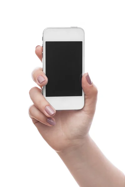 Mulher segurar celular no branco — Fotografia de Stock