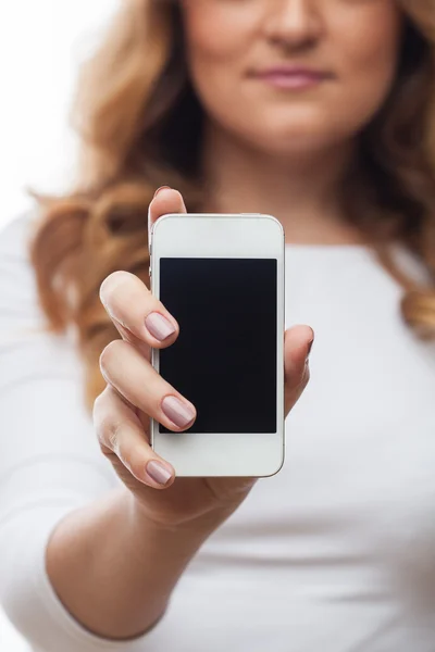 Woman hold cellphone on white — Stock Photo, Image