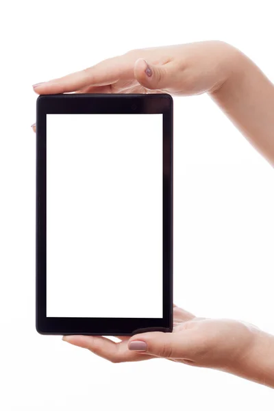 Woman hold tablet PC on white — Stock Photo, Image