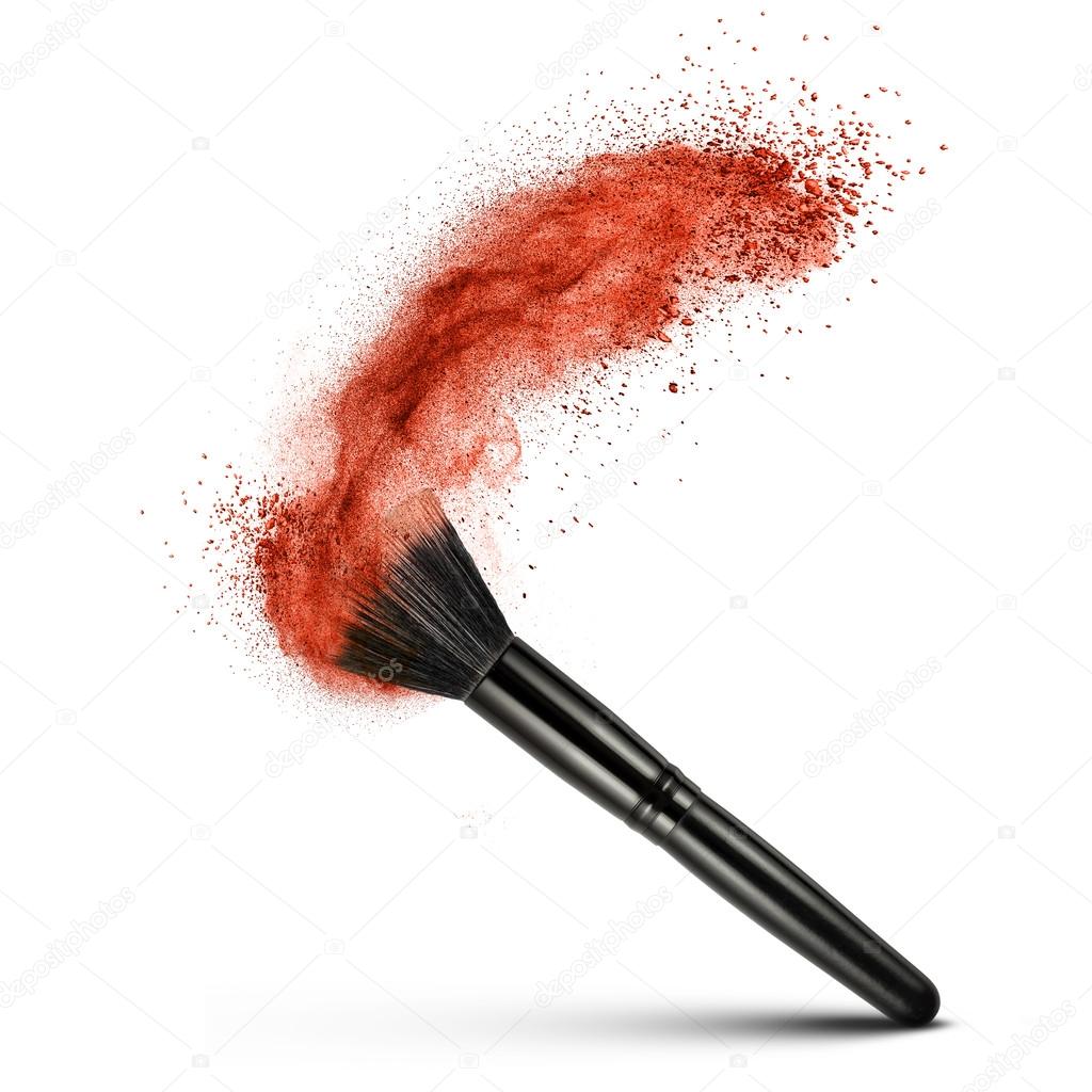 makeup brush with red powder isolated