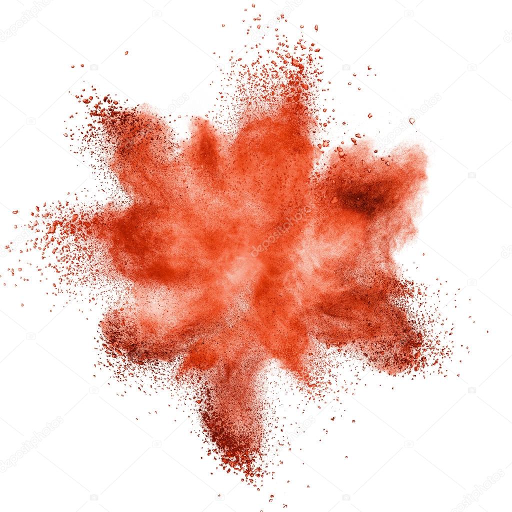 Red powder explosion isolated on white background